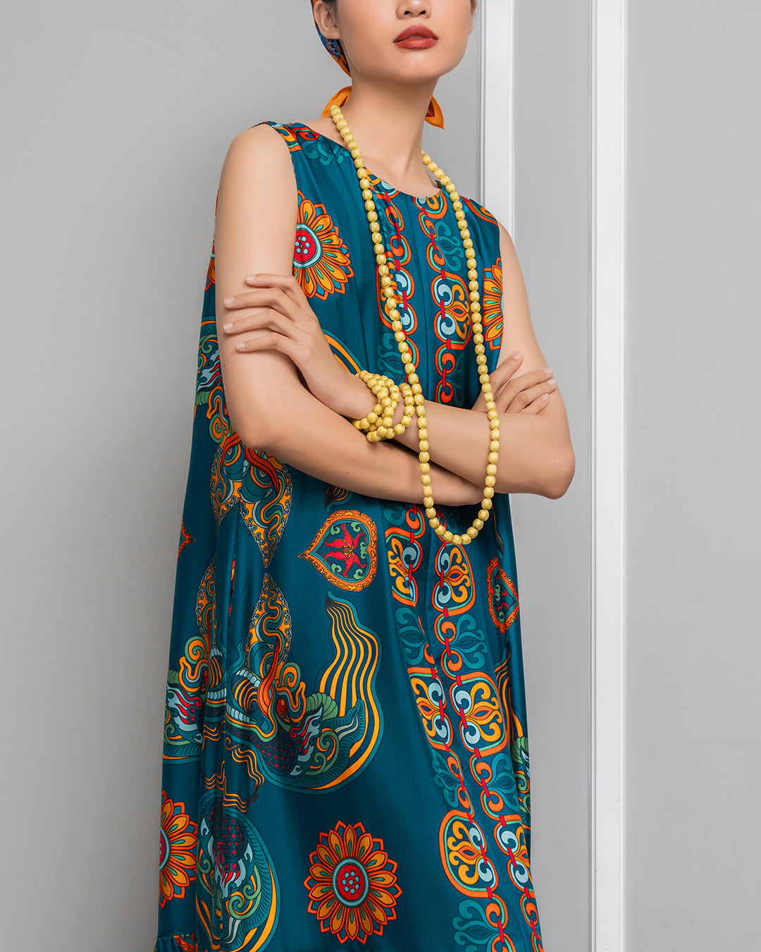 Silk Max Boho 1970 Sleeveless Dress / Mallard Green Dragon Of Grace