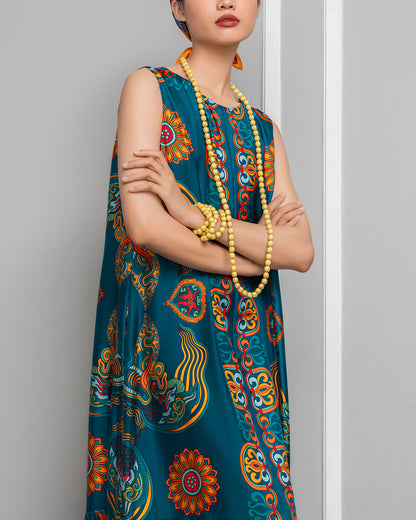 Silk Max Boho 1970 Sleeveless Dress / Mallard Green Dragon Of Grace
