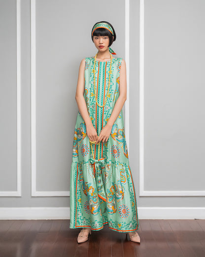 Silk Max Boho 1970 Sleeveless Dress / Pastel Green Phoenix Dance