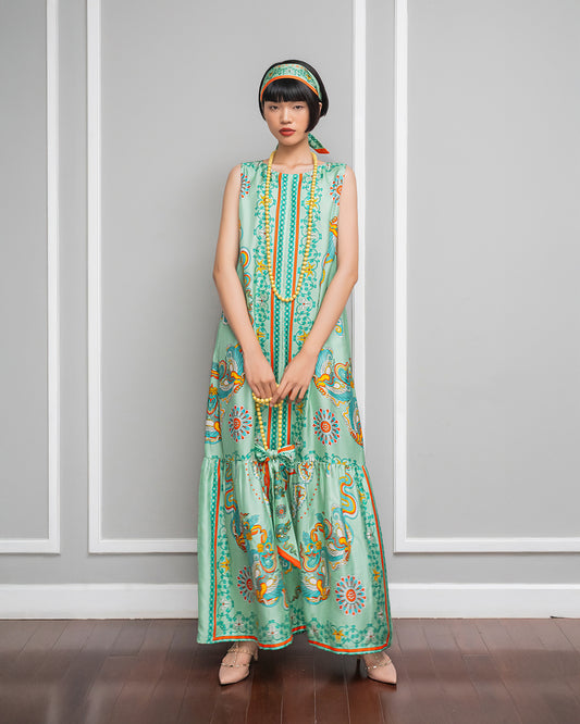 Silk Max Boho 1970 Sleeveless Dress / Pastel Green Phoenix Dance