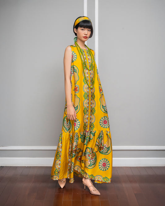 Silk Max Boho 1970 Sleeveless Dress / Yellow Dragon Of Grace