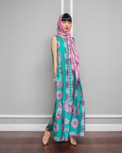 Silk Max Boho 1970 Sleeveless Dress / Turquoise Dragon Of Grace