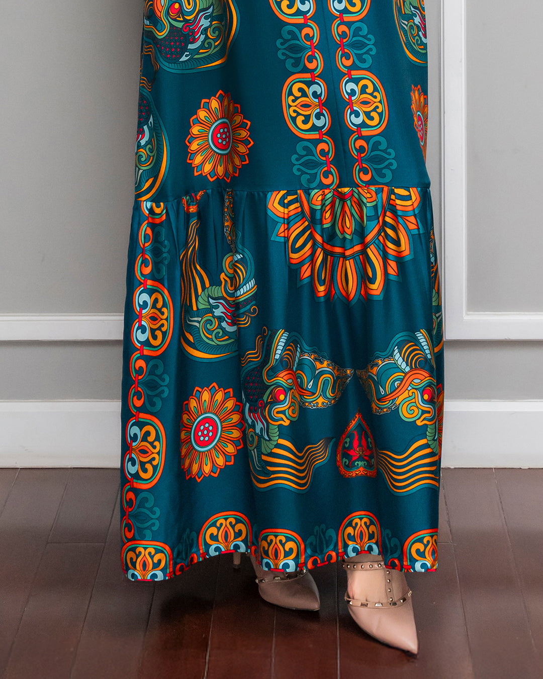 Silk Max Boho 1970 Sleeveless Dress / Mallard Green Dragon Of Grace