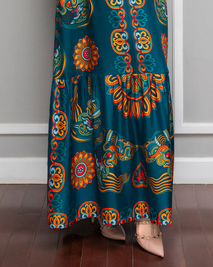 Silk Max Boho 1970 Sleeveless Dress / Mallard Green Dragon Of Grace