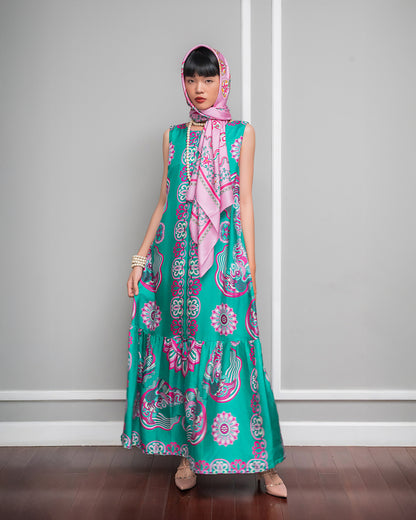 Silk Max Boho 1970 Sleeveless Dress / Turquoise Dragon Of Grace