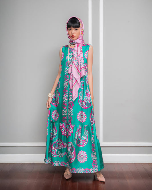 Silk Max Boho 1970 Sleeveless Dress / Turquoise Dragon Of Grace