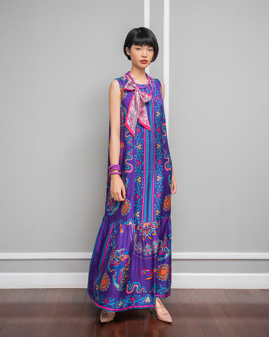 Silk Max Boho 1970 Sleeveless Dress / Purple Phoenix Dance