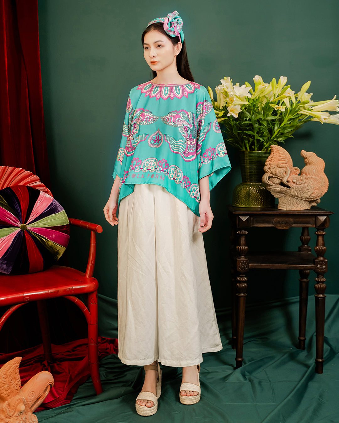 Silk Batwing Blouse 1940s / Turquoise Dragon Of Grace