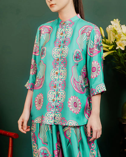 Silk Emancipation Shirt 1925 / Turquoise Dragon Of Grace