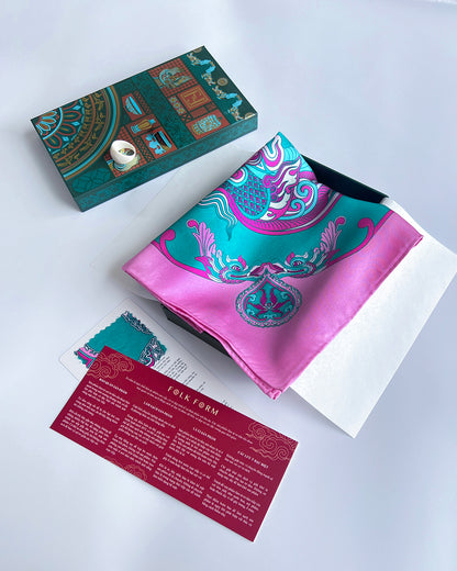 Legacy Gift Set for Mom / Dragon Dreams Silk Scarf / Pink & Turquoise / 26x26in / 65x65cm