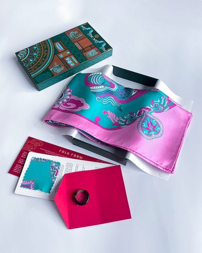 Legacy Gift Set for Mom / Dragon Dreams Silk Scarf / Pink & Turquoise / 26x26in / 65x65cm