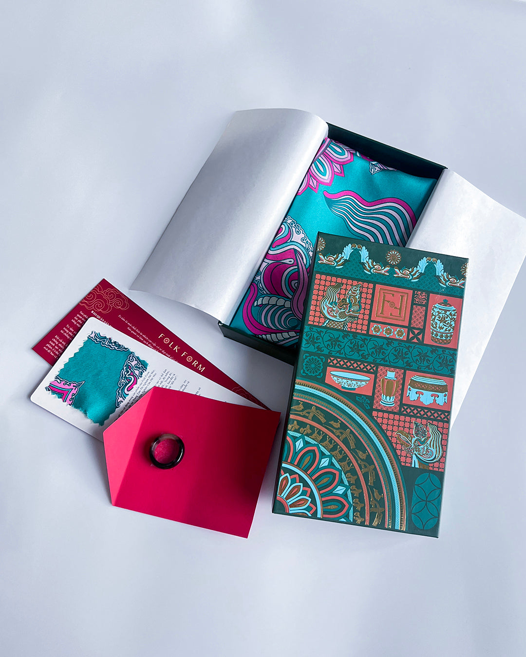 Legacy Gift Set for Mom / Dragon Dreams Silk Scarf / Pink & Turquoise / 26x26in / 65x65cm