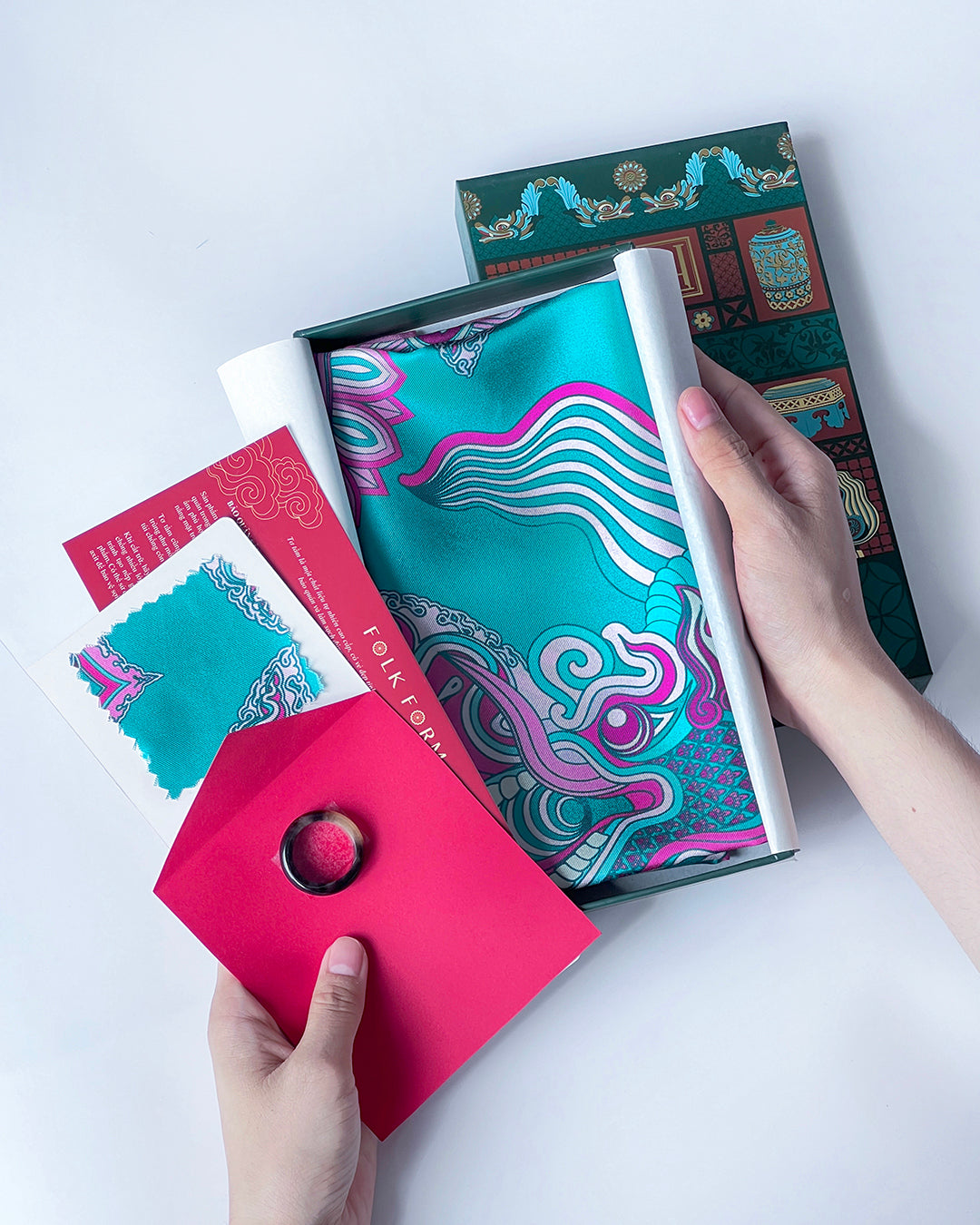 Legacy Gift Set for Mom / Dragon Dreams Silk Scarf / Pink & Turquoise / 26x26in / 65x65cm