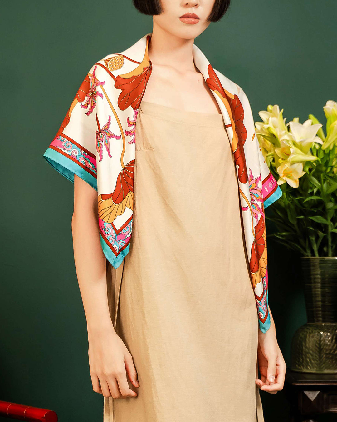 Lotus Serenade Silk Scarf / Brown & Pink