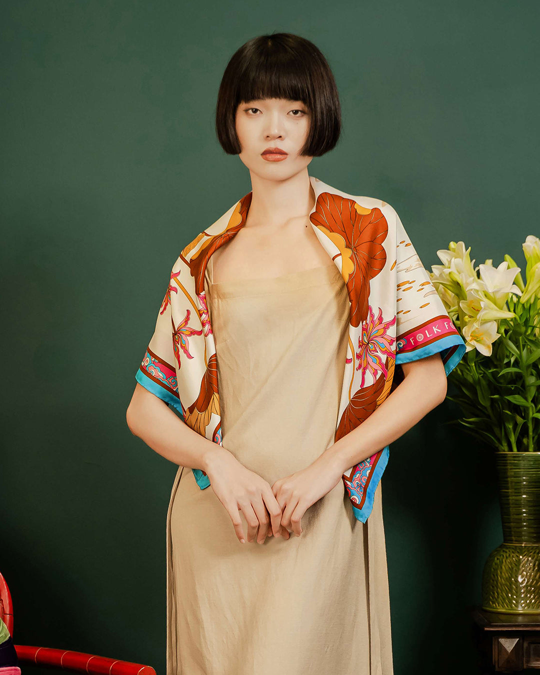 Lotus Serenade Silk Scarf / Brown & Pink
