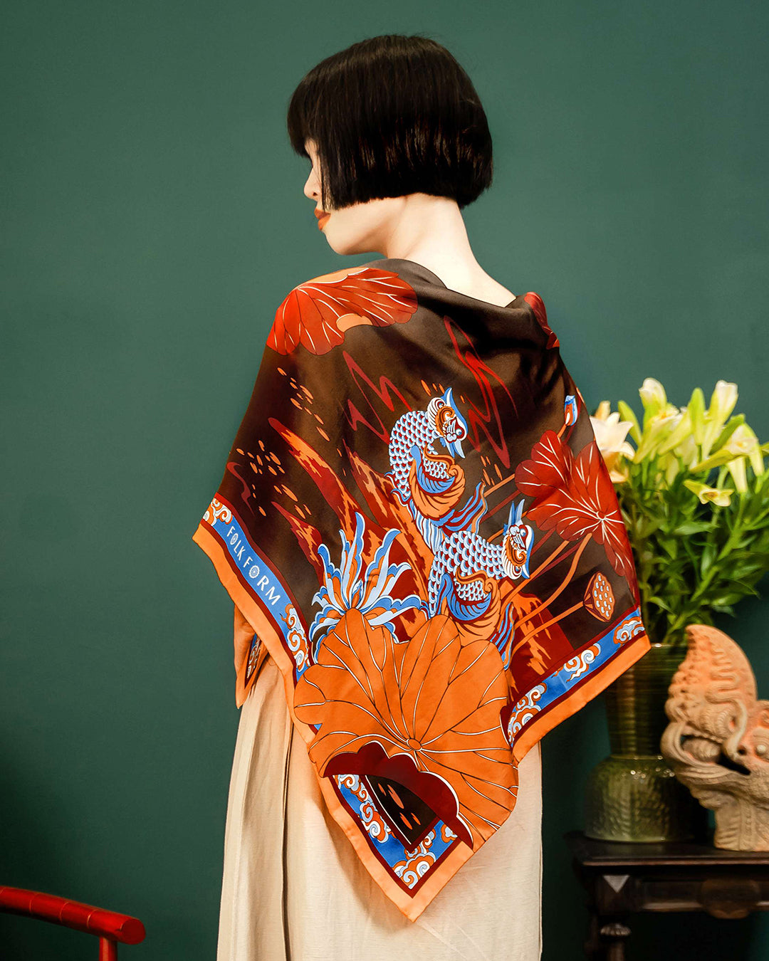 Lotus Serenade Silk Square Scarf / Brown & Blue