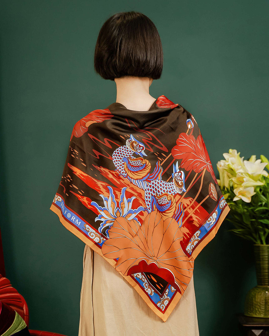 Lotus Serenade Silk Square Scarf / Brown & Blue