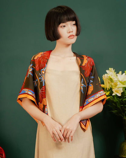 Lotus Serenade Silk Square Scarf / Brown & Blue