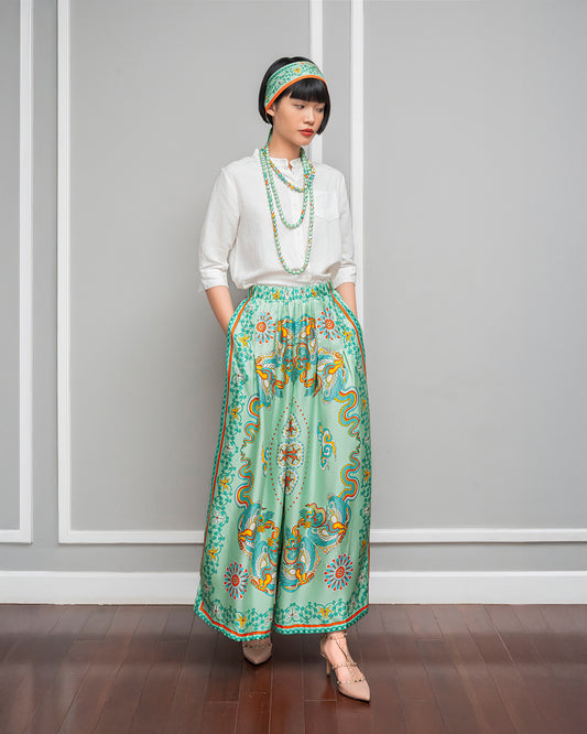 Silk Palazzo Pants 1932 / Pastel Green Phoenix Dance