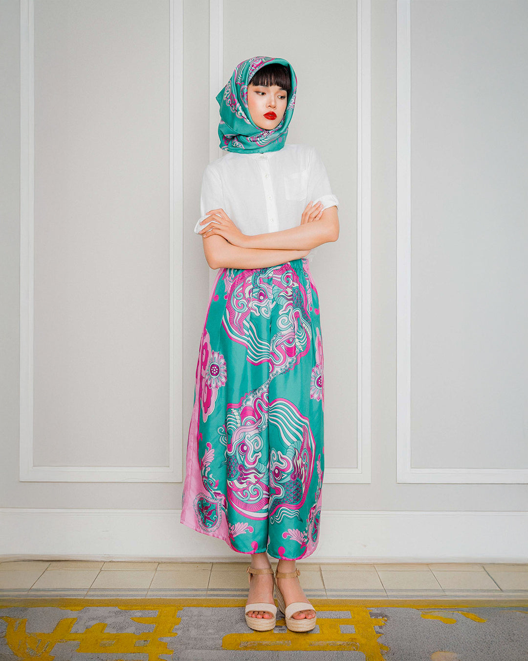 Silk Palazzo Pants 1932 / Pink & Turquoise Dragon Dreams