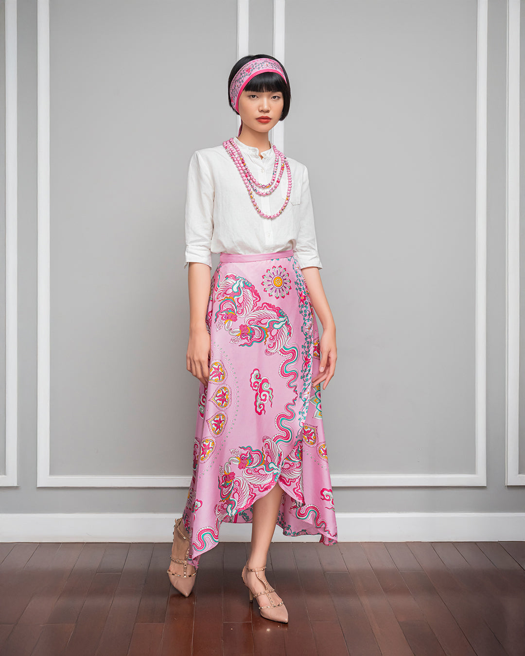 Silk Midi Wrap Skirt 3900BC / Pink Phoenix Dance