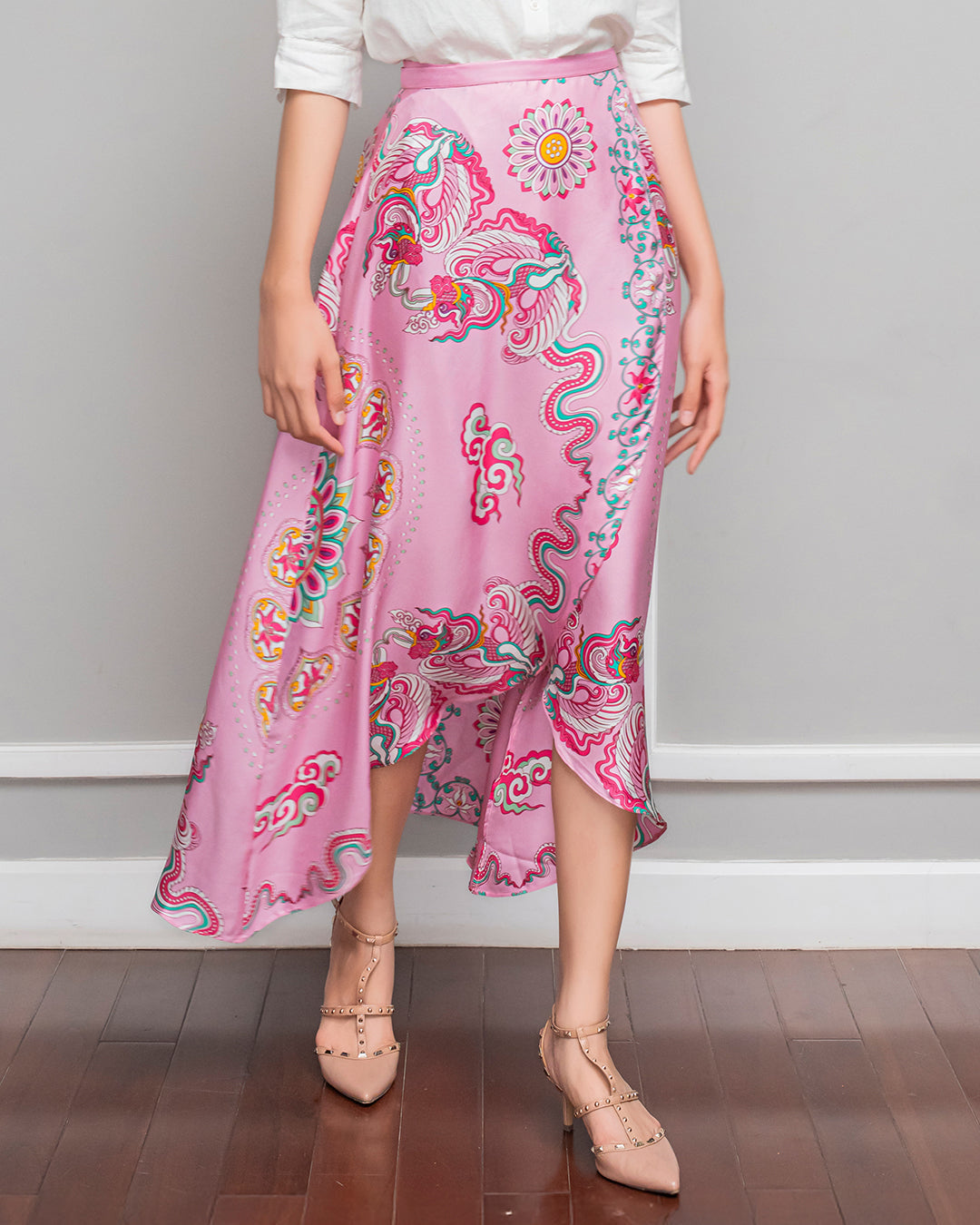 Silk Midi Wrap Skirt 3900BC / Pink Phoenix Dance