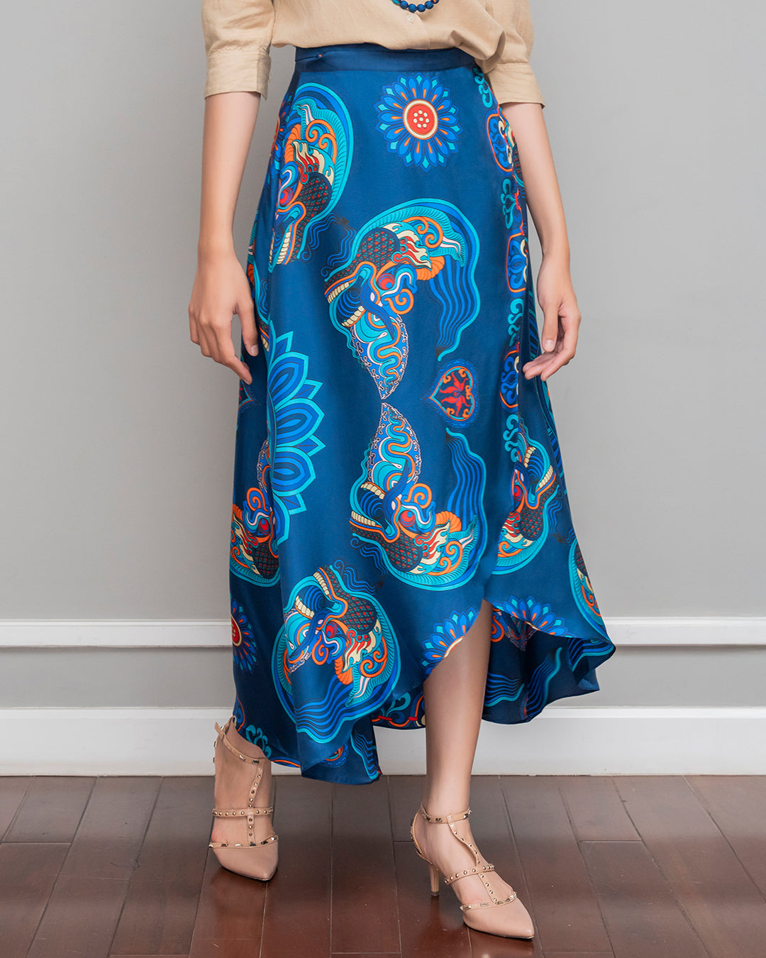 Silk Midi Wrap Skirt 3900BC / Navy Blue Dragon Of Grace