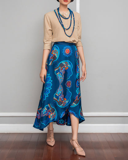 Silk Midi Wrap Skirt 3900BC / Navy Blue Dragon Of Grace