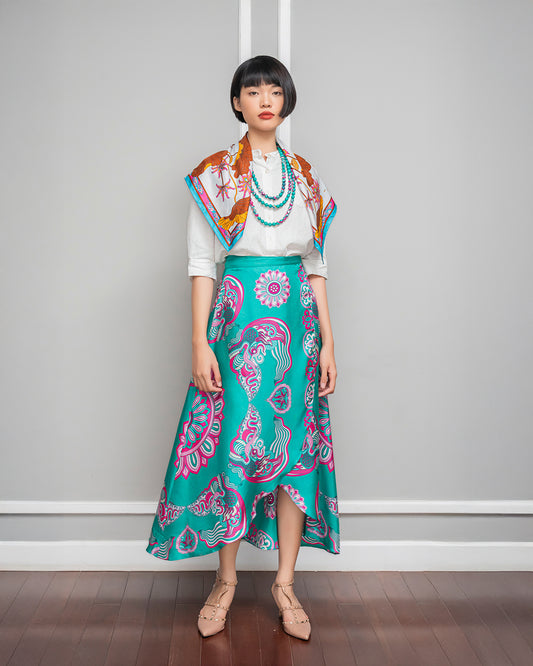 Silk Midi Wrap Skirt 3900BC / Turquoise Dragon Of Grace