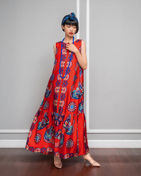 Silk Max Boho 1970 Sleeveless Dress / Red Dragon Of Grace
