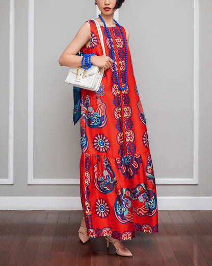 Silk Max Boho 1970 Sleeveless Dress / Red Dragon Of Grace