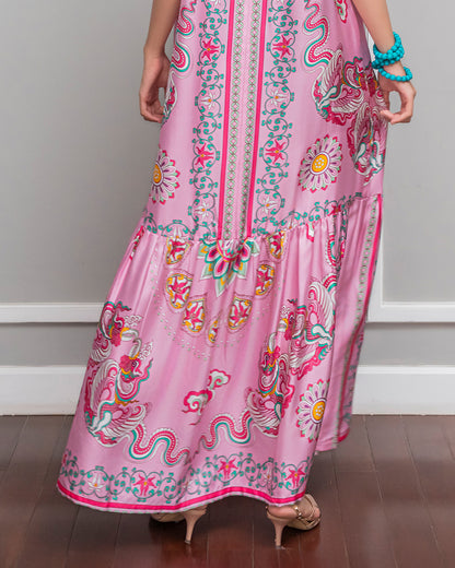 Silk Max Boho 1970 Sleeveless Dress / Pink Phoenix Dance