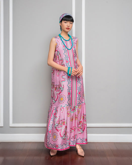 Silk Max Boho 1970 Sleeveless Dress / Pink Phoenix Dance