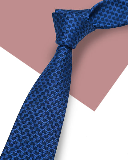 Gift for Dad/ Silk Necktie with Checkered Pattern / Blue / 8cm × 145cm