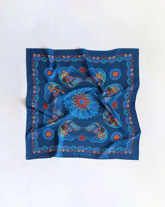 Dragon Of Grace Silk Scarf / Blue / 65x65cm / 26x26in