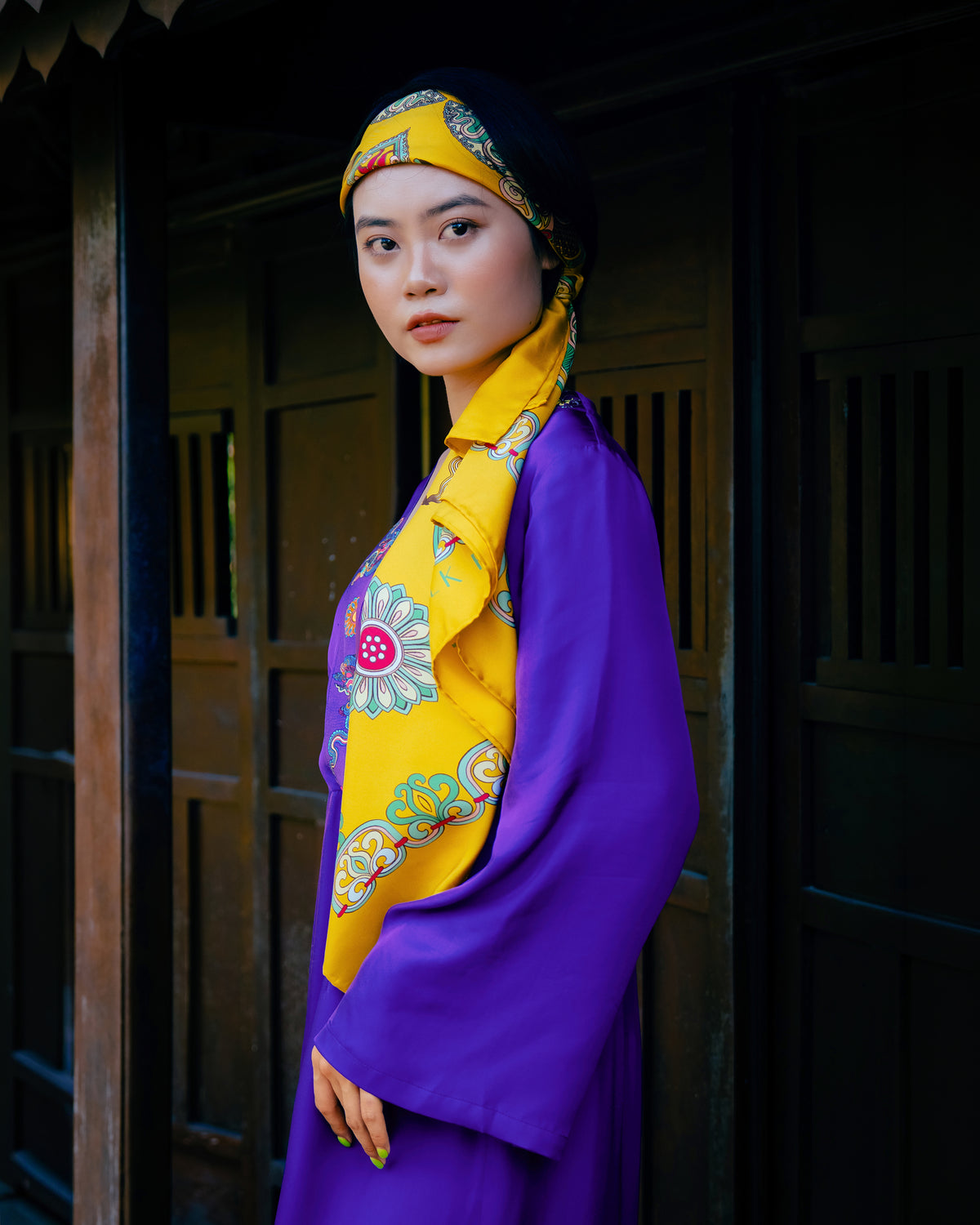 Violet silk kimono dress with wide sleeves and printed trim, three-quarter view