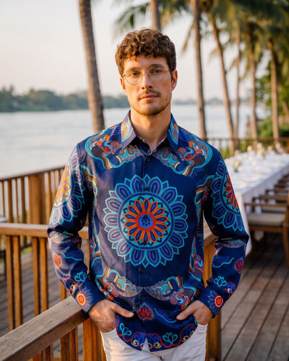 Men's silk shirt navy Dragon of Grace on a timber riverside deck