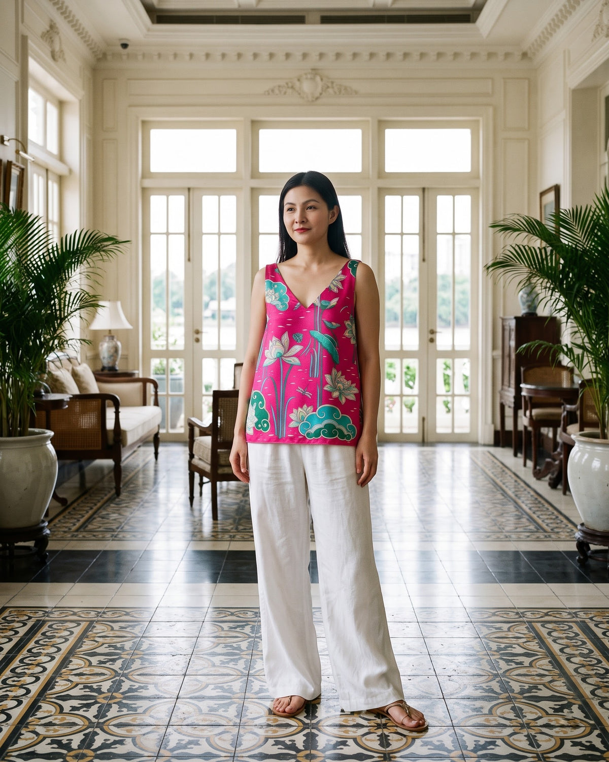 Woman wearing a hot pink silk tank top with hand-printed Imperial Lotus and white wide-leg trousers in a cream French neoclassical hotel living room