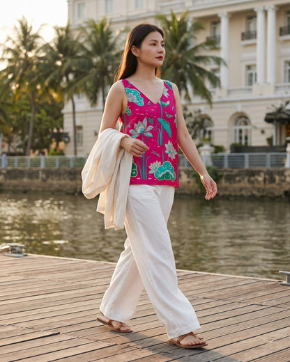 Hot pink Imperial Lotus silk tank top, walking along a riverside timber deck with palms