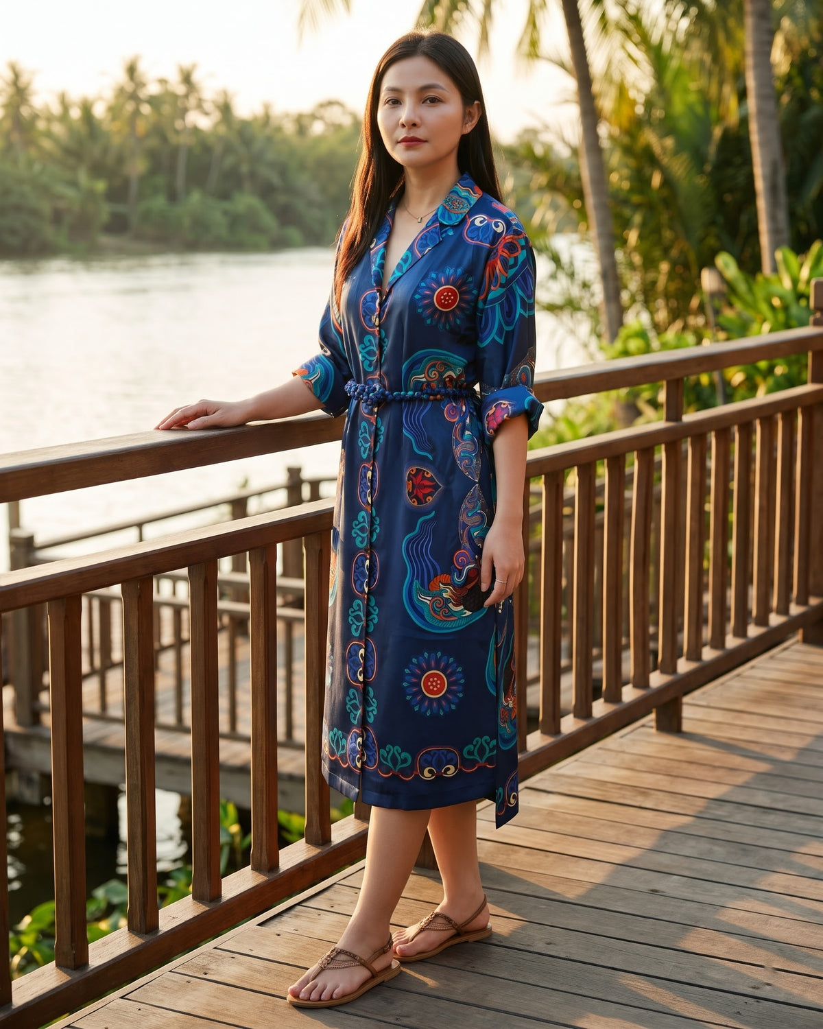 Woman in a navy blue silk wrap shirt-dress with turned-back sleeves, standing on a wooden riverside deck at golden hour