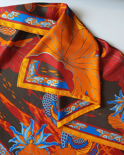 Lotus Serenade Silk Square Scarf / Brown & Blue