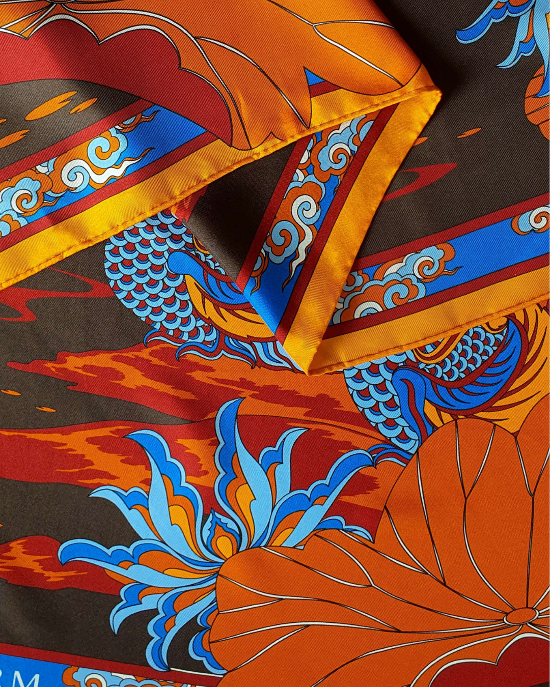 Lotus Serenade Silk Square Scarf / Brown & Blue