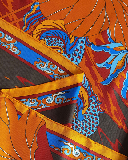 Lotus Serenade Silk Square Scarf / Brown & Blue