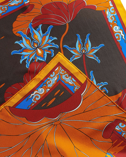 Lotus Serenade Silk Square Scarf / Brown & Blue