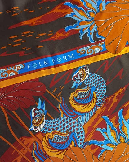 Lotus Serenade Silk Square Scarf / Brown & Blue