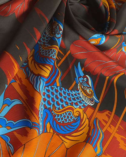 Lotus Serenade Silk Square Scarf / Brown & Blue