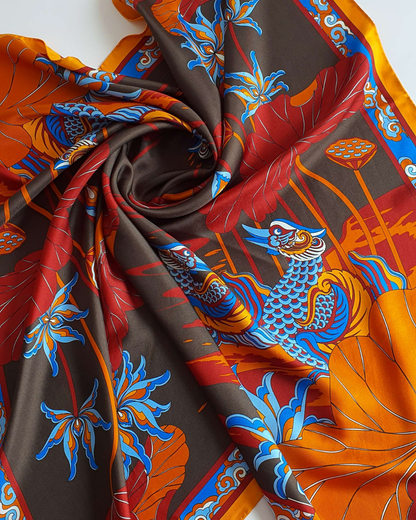 Lotus Serenade Silk Square Scarf / Brown & Blue