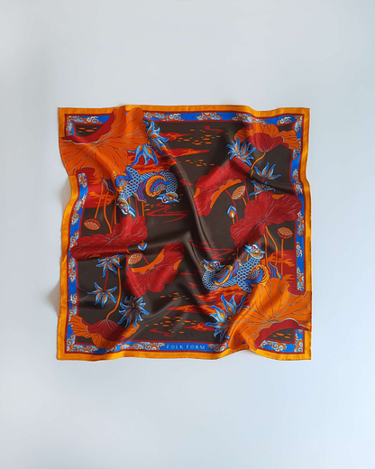 Lotus Serenade Silk Square Scarf / Brown & Blue