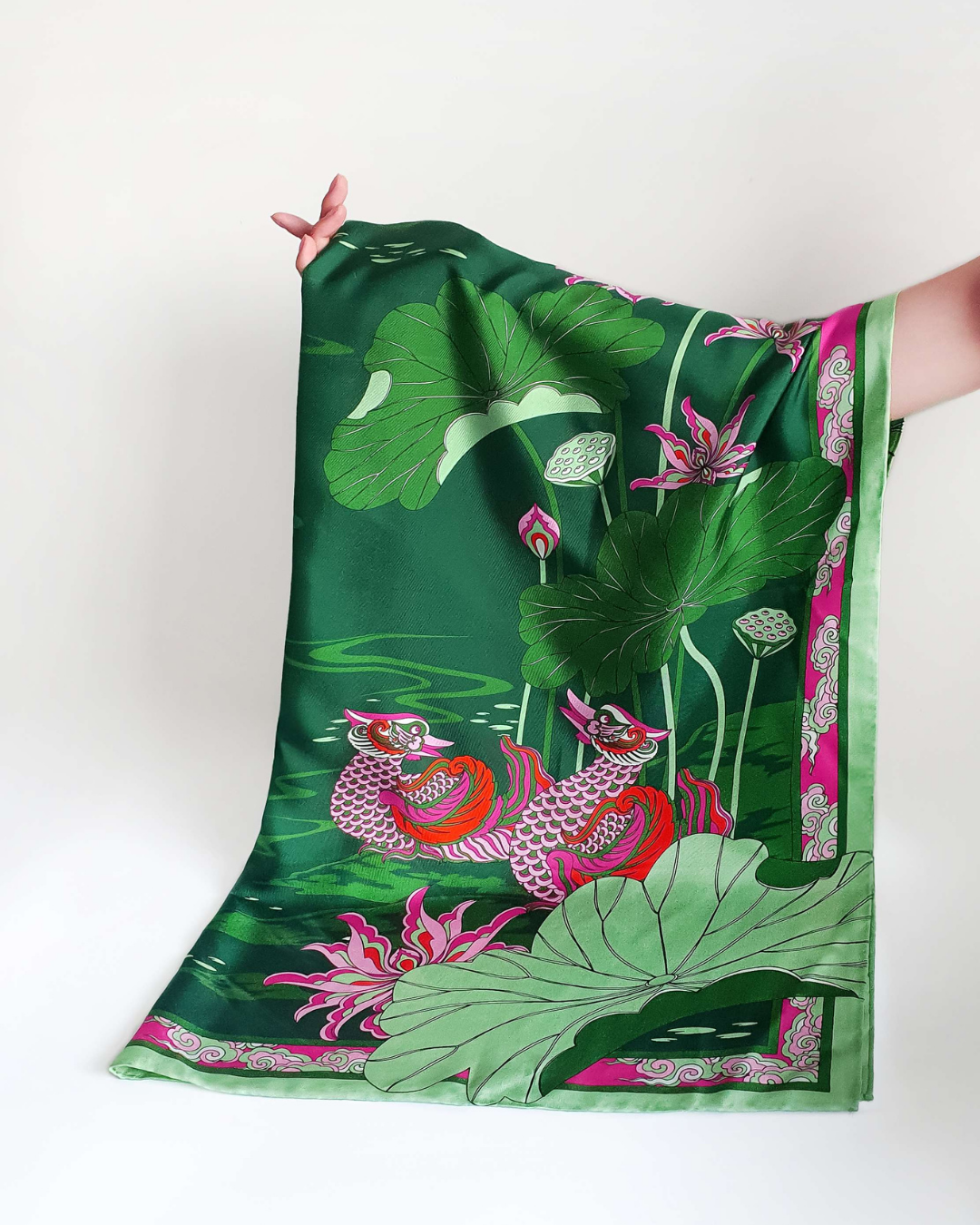 Lotus Serenade Silk Square Scarf / Green & Pink