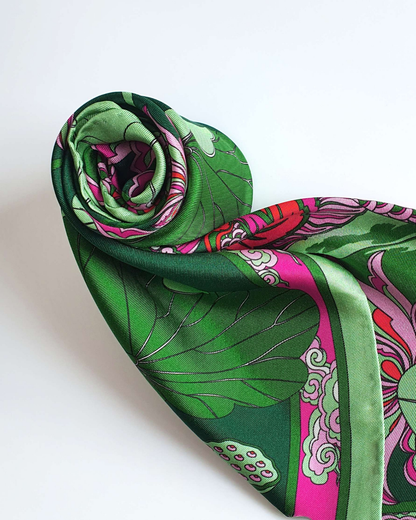 Lotus Serenade Silk Square Scarf / Green & Pink